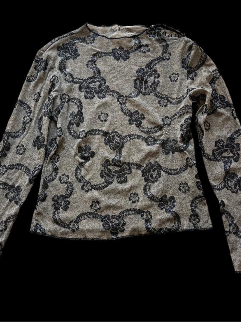 Newport Long-Sleeve Lace-Print Top in Light Gray and Black